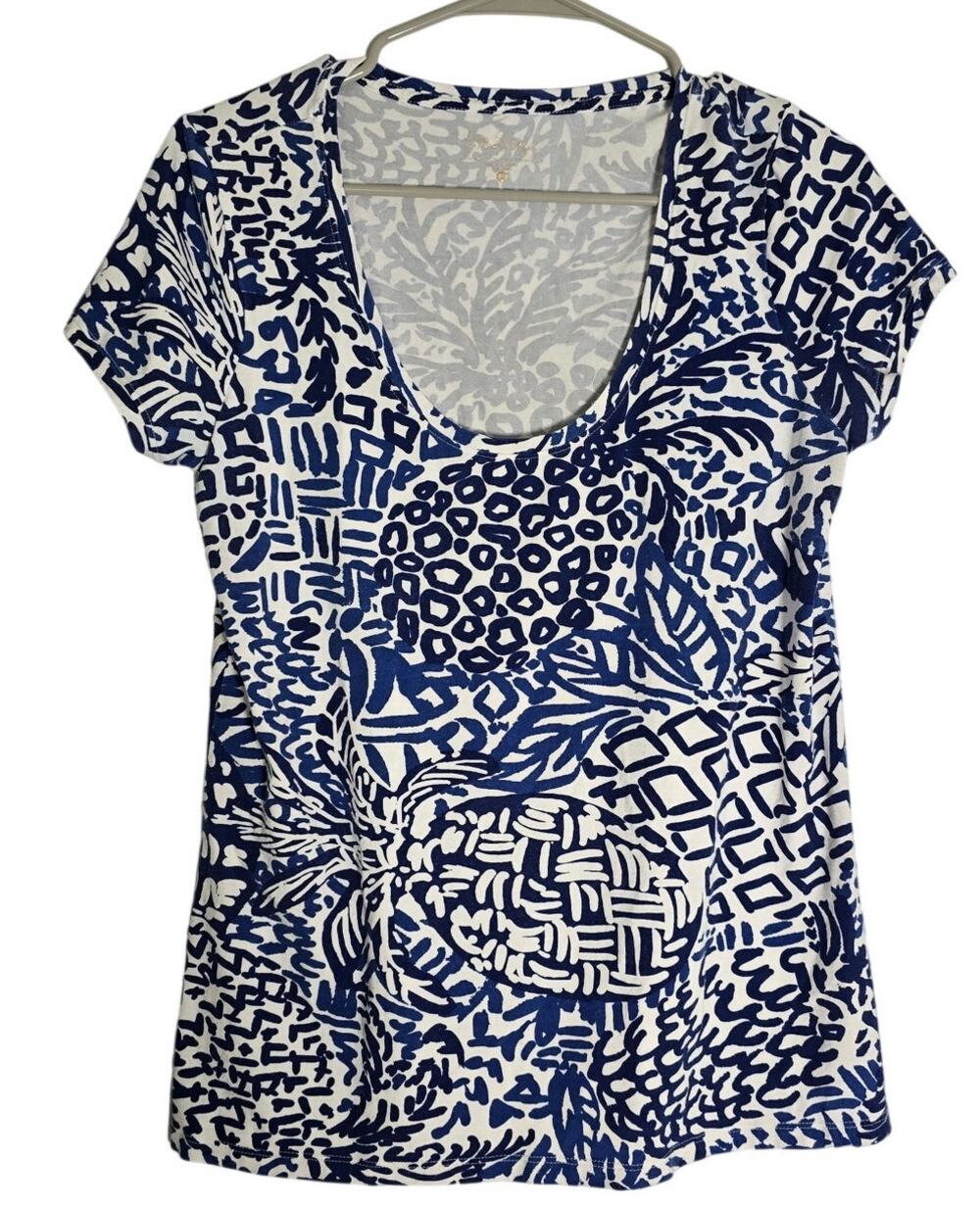 Lilly Pulitzer Pineapple Print Tee Women’s Medium Blue White Modal Preppy Top